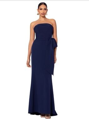 Betsy & Adam Strapless Faux Wrap Navy Gown with Side Tie